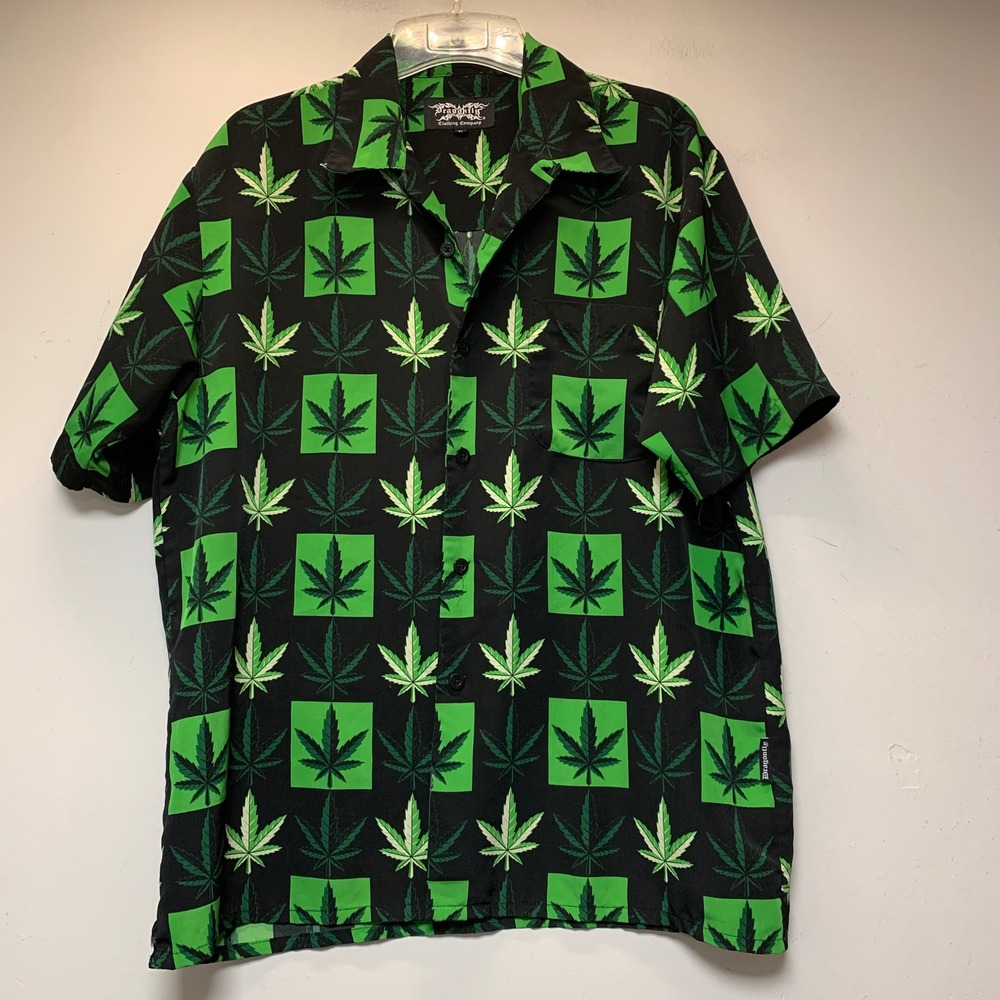 Dragonfly Clothing Co Button Down Shirt Mens L Green Good Weed Leaf Print 14658